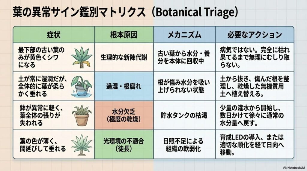 アガベアテナータの葉が垂れる・枯れるなどの異常サインから根本原因と対策を読み解く鑑別マトリクス表