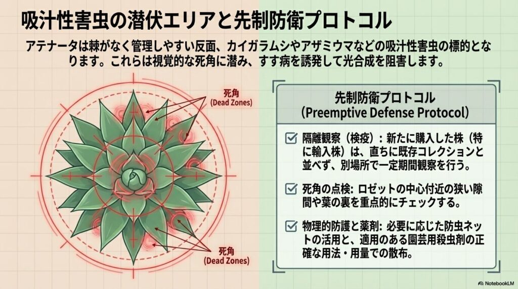アガベアテナータのロゼット中心部や葉の裏など吸汁性害虫が潜む死角エリアの図解