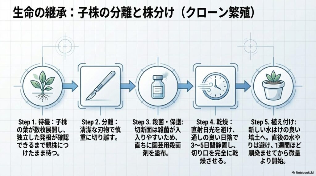 アガベアテナータの親株から子株を安全に分離・殺菌・乾燥させ植え付ける株分けの5ステップ