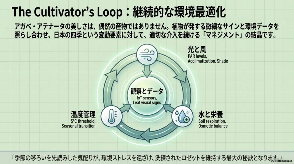 光・風・温度・水・栄養の環境データとアガベアテナータのサインを継続的に観察・最適化する栽培ループ図
