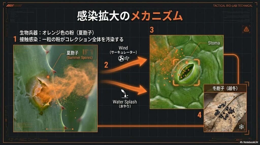サーキュレーターの風や水やりの飛沫によってアガベのさび病の夏胞子が拡散し二次感染する仕組み