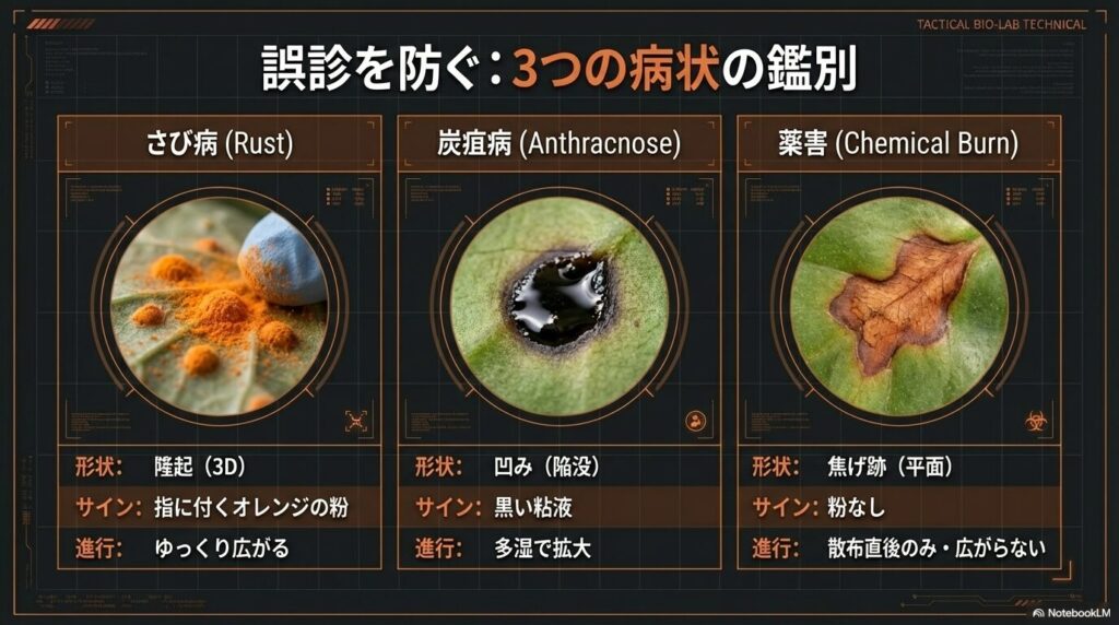 アガベのさび病、炭疽病、薬害（化学火傷）の症状の違いを比較する鑑別診断表と拡大画像