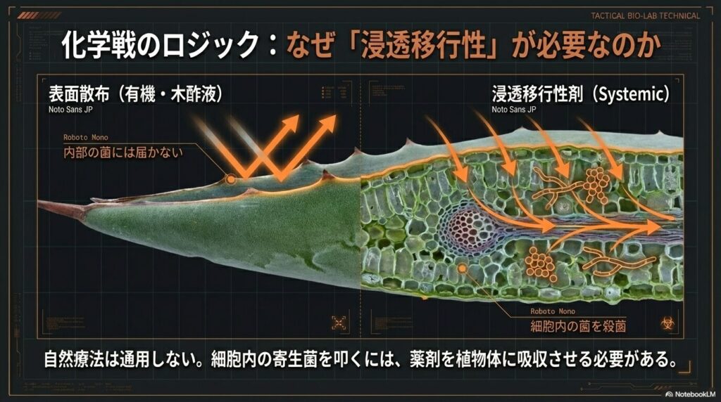 アガベのさび病治療において、表面散布では届かない細胞内の菌を殺菌する浸透移行性剤のメカニズム