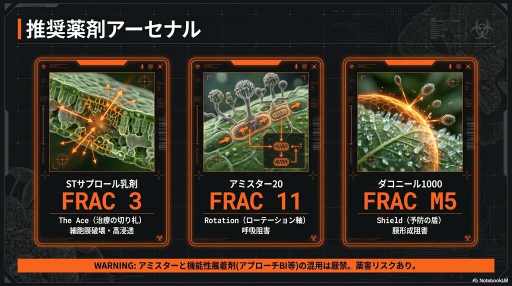 アガベのさび病治療と予防に推奨される殺菌剤（STサプロール乳剤、アミスター20、ダコニール1000）の薬理作用とFRACコード