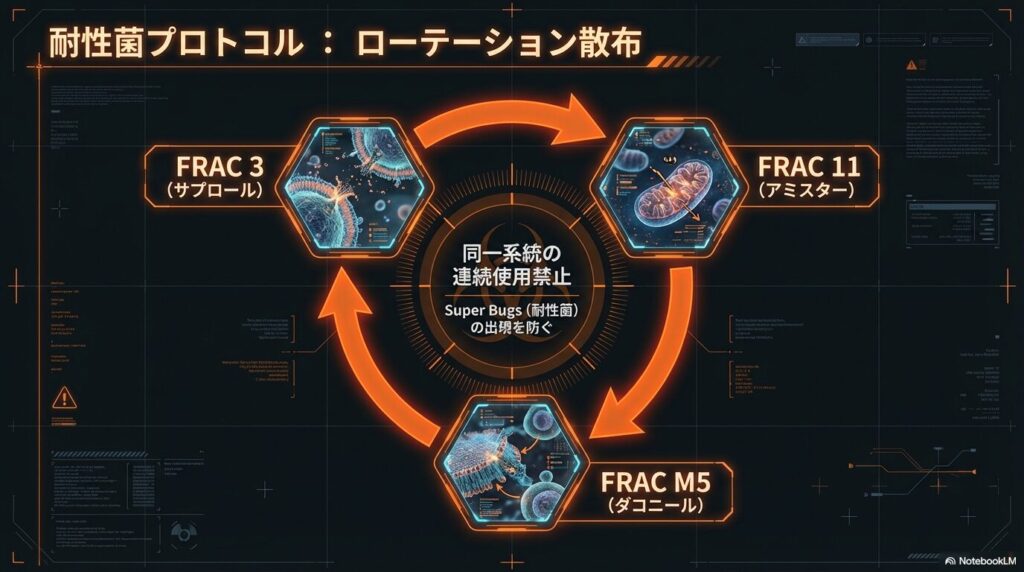 アガベのさび病に殺菌剤が効かなくなる耐性菌（スーパーバグ）の出現を防ぐFRACコードに基づくローテーション散布図