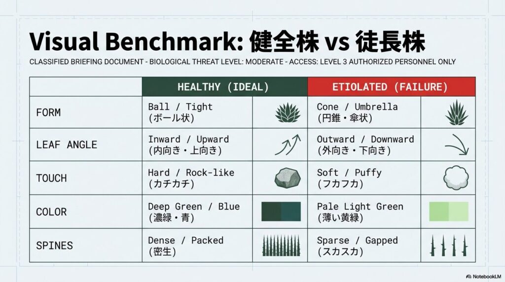 健康なアガベと徒長したアガベのフォルム、葉の角度、硬さ、色、鋸歯の視覚的比較表