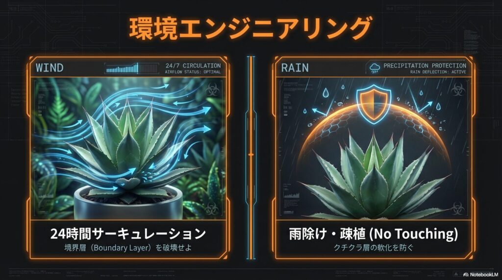 アガベのさび病を予防する24時間稼働のサーキュレーター送風と長雨からの保護（雨除け）対策