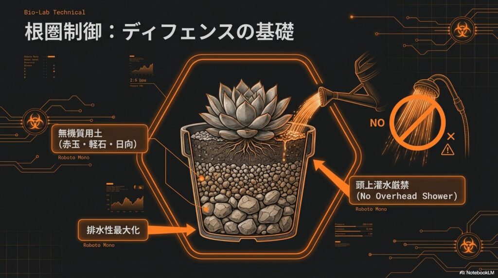 アガベのさび病を予防する無機質用土による排水性最大化と頭上灌水（シャワー）厳禁の図解