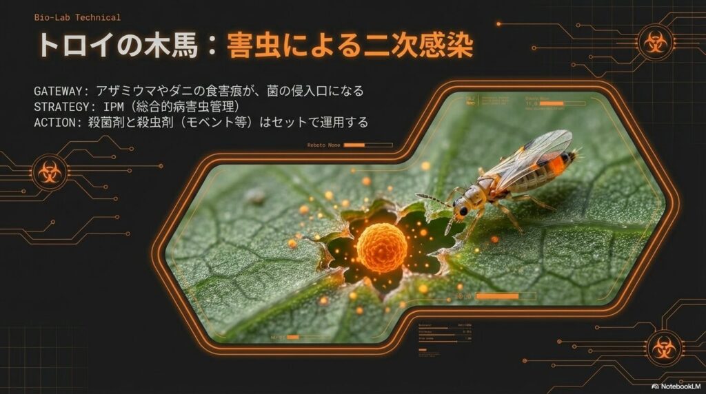 アザミウマやダニによるアガベの食害痕がさび病菌の侵入口となる総合的病害虫管理（IPM）の必要性