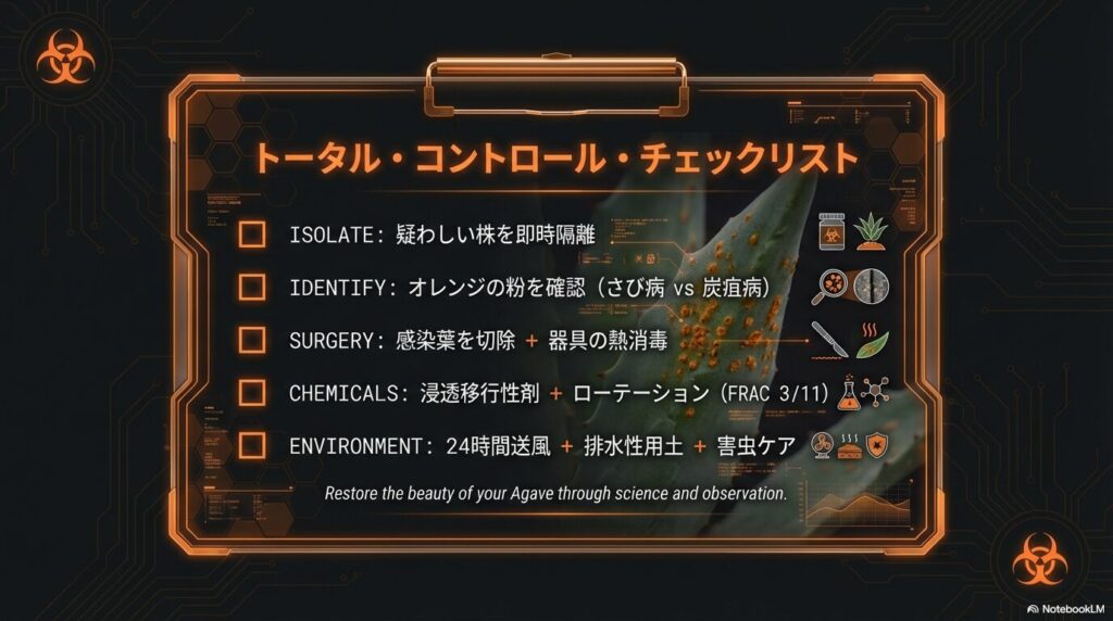 アガベのさび病対策である隔離、診断、切除、薬剤散布、環境改善を網羅した完全防除チェックリスト