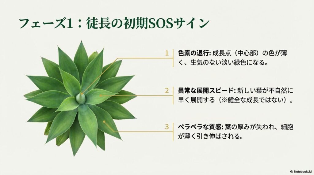 アガベの徒長の初期SOSサイン、成長点の色素退行や葉の異常な展開スピード