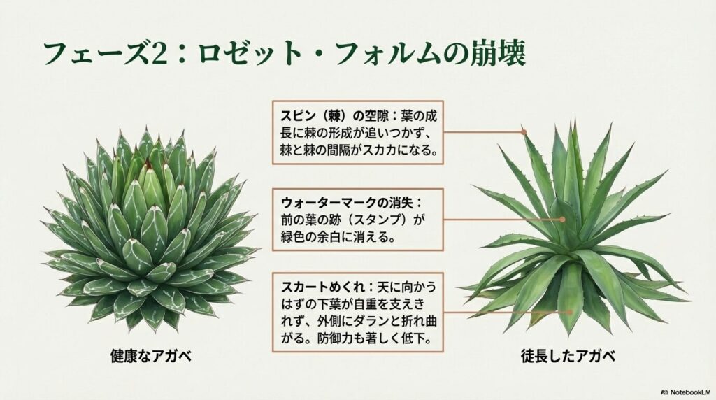 健康なアガベと徒長したアガベの比較画像、棘の間隔の広がりやスカートめくれ現象