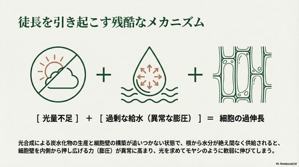 アガベの徒長を引き起こすメカニズム、光量不足と過剰な給水による細胞の過伸長