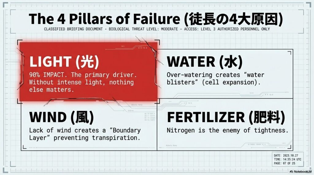 アガベの徒長を引き起こす4大原因（光、水、風、窒素肥料）の解説