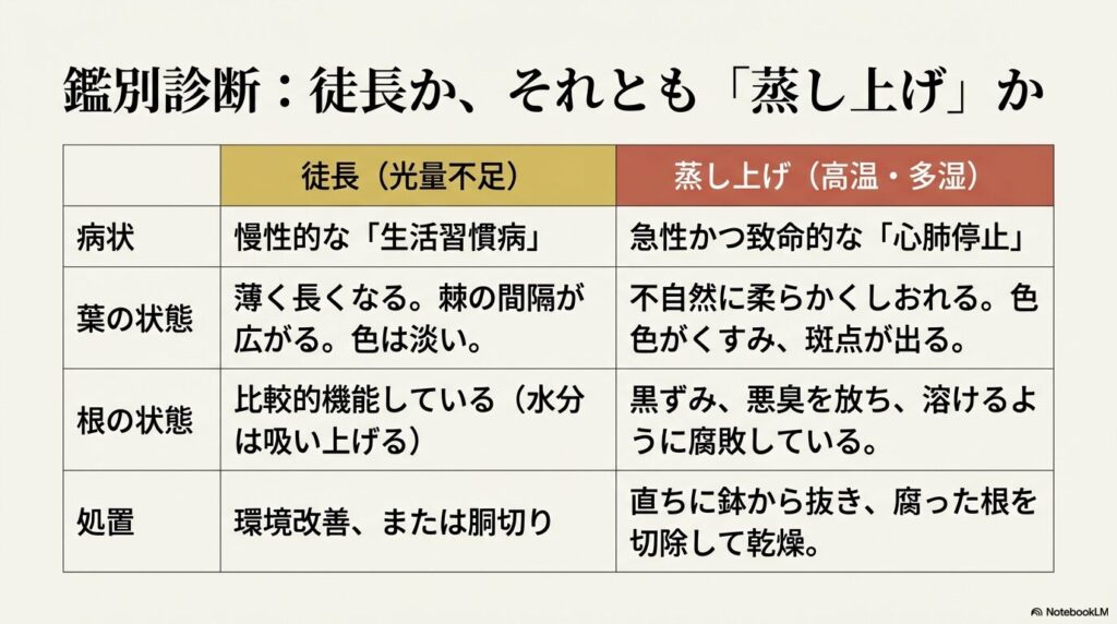アガベの徒長（光量不足）と蒸し上げ（高温多湿）の鑑別診断と処置方法の比較表