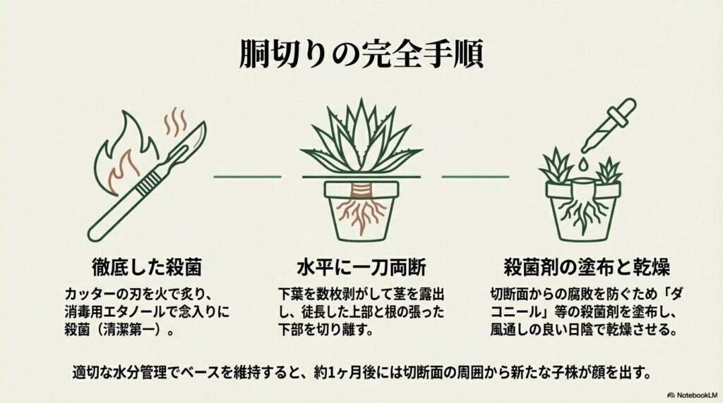 アガベの胴切りの完全手順、カッターの殺菌と水平切断、殺菌剤の塗布による乾燥