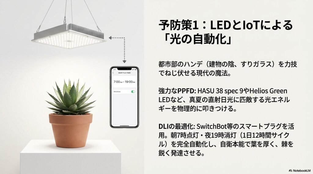 スマートプラグを活用したLEDとIoTによる光の自動化、アガベの徒長予防策
