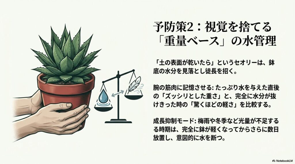 視覚を捨てる重量ベースの水管理、徒長を防ぐための鉢の重さの確認方法