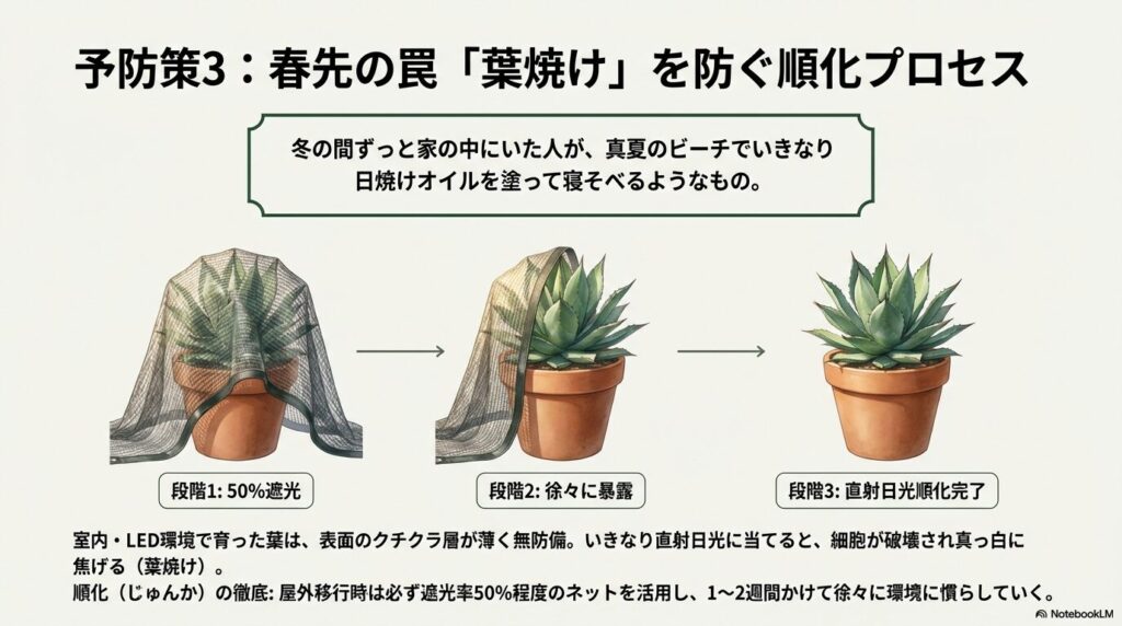 春先の罠である葉焼けを防ぐ順化プロセス、50パーセント遮光から直射日光への段階的移行