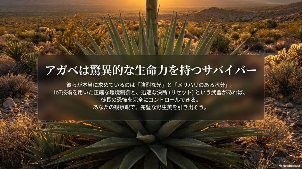 アガベは驚異的な生命力を持つサバイバー、強烈な光とメリハリのある水分を求めている