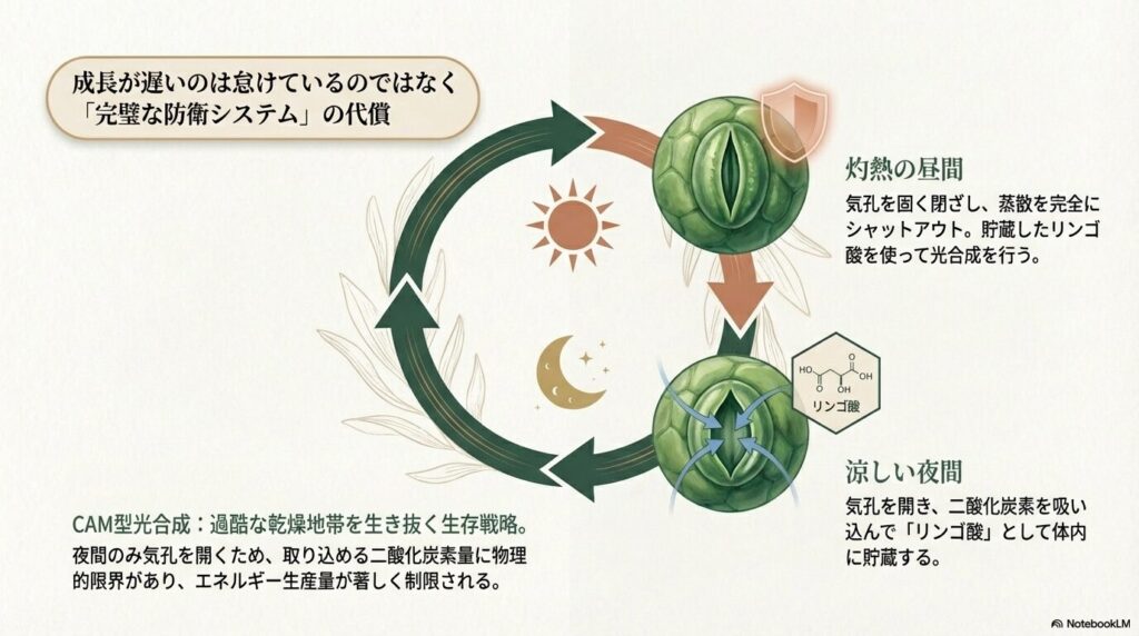 アガベ・笹の雪の成長速度が遅い理由であるCAM型光合成のメカニズム図解