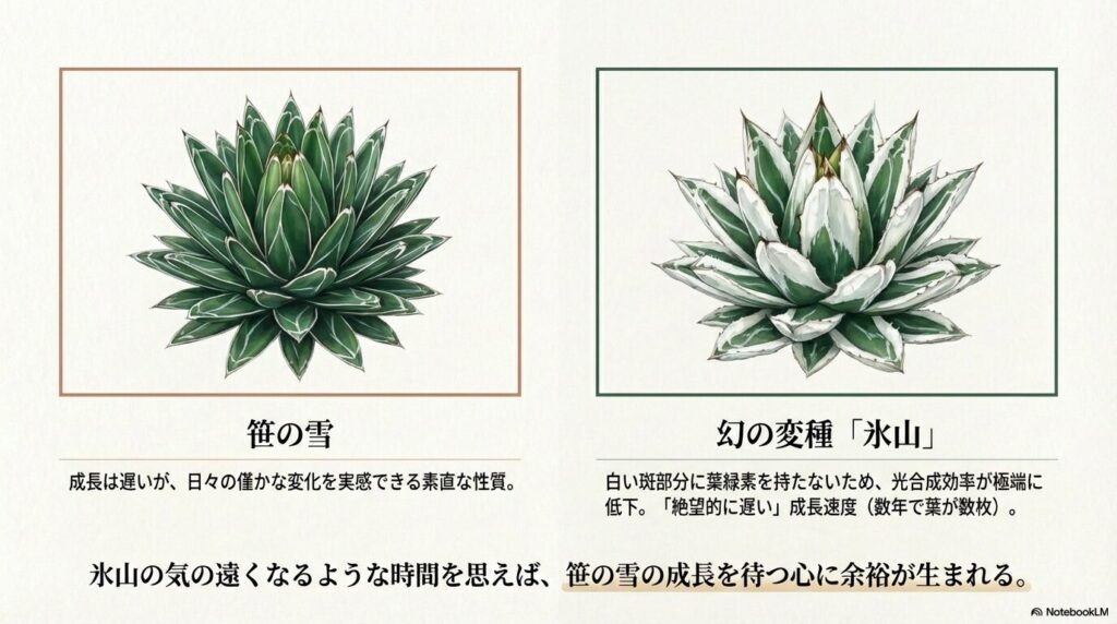アガベ・笹の雪とその幻の変種であるアガベ・氷山のイラスト比較