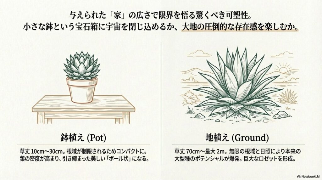 鉢植えと地植えで最終到達サイズや草丈が変わるアガベ・笹の雪の可塑性