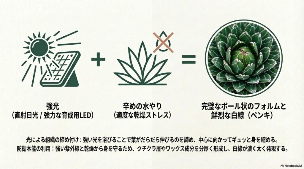 アガベ・笹の雪を完璧なボール状のフォルムに育てるための辛めの水やりと強光