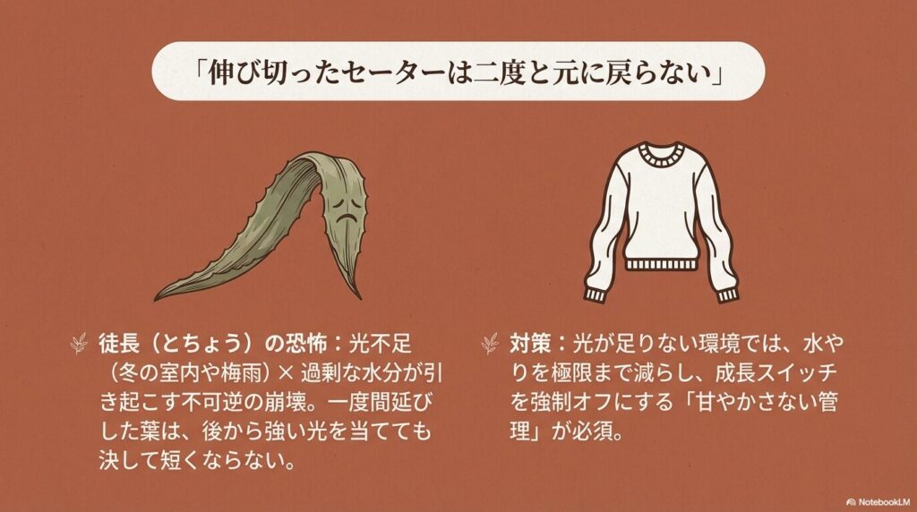 日照不足により徒長したアガベの葉と伸び切ったセーターのメタファー