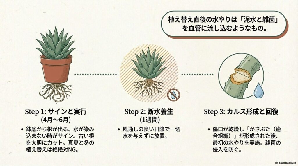 アガベの植え替え時に根をカットし1週間の断水養生でカルス形成を待つ手順