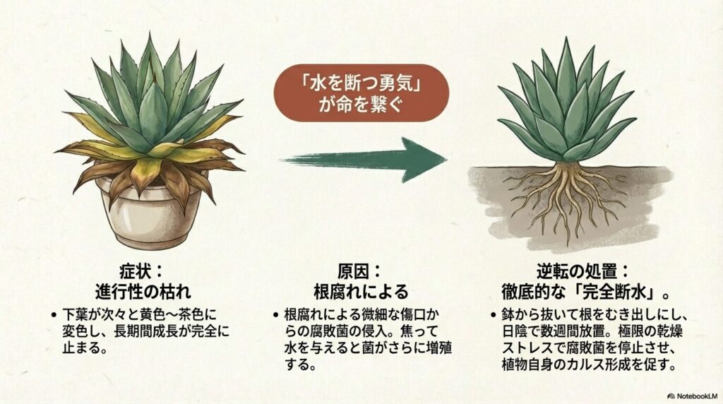 根腐れにより下葉が茶色く枯れ込んだアガベと進行性の枯れに対する完全断水処置