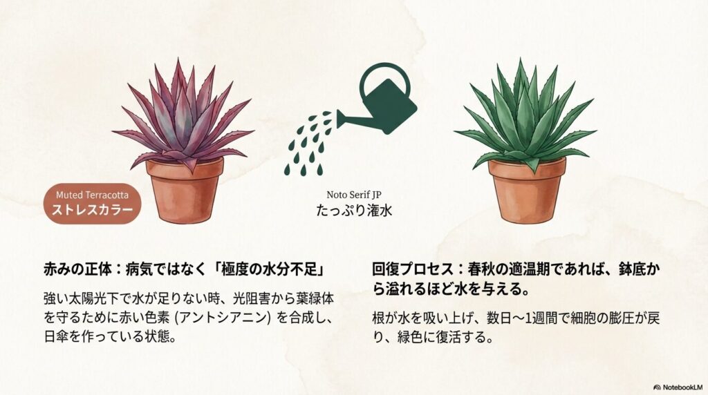 極度の水分不足と強い太陽光により赤く変色したアガベ・笹の雪のストレスカラー