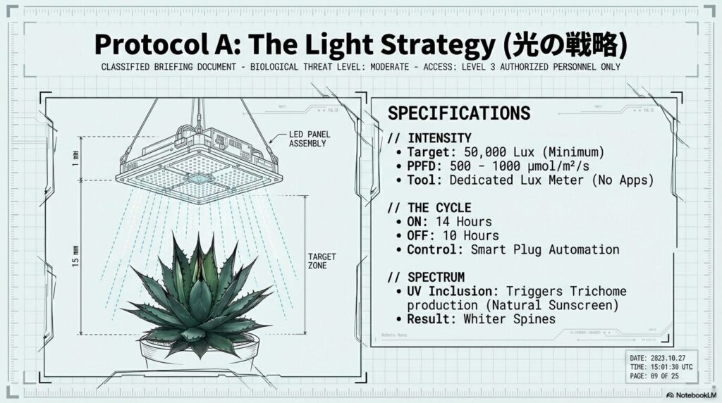 アガベの徒長を防ぐLEDパネルによる50,000Luxの室内育成環境と照射サイクル