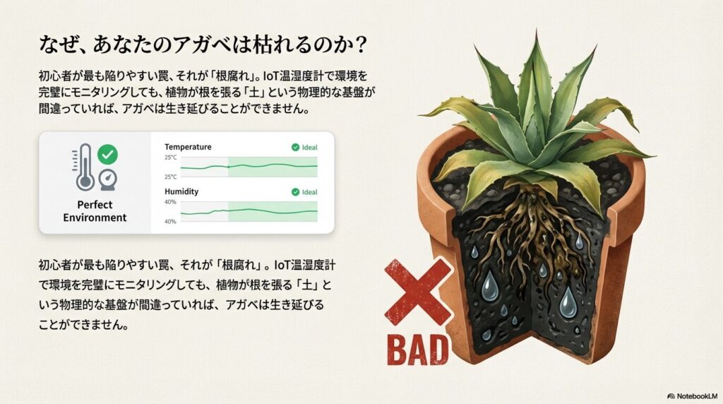 根腐れを起こしたアガベの断面図と温湿度のモニタリング