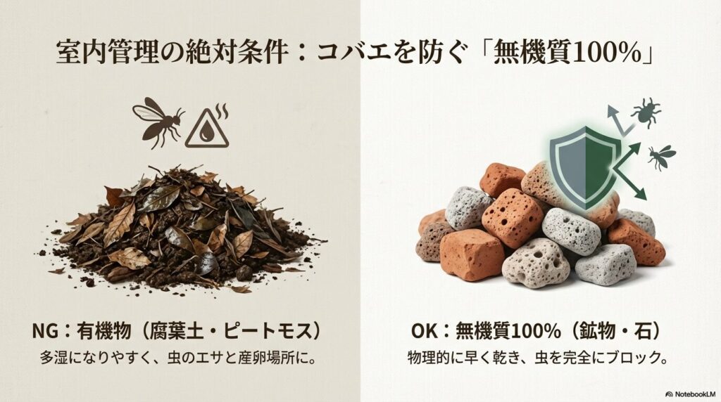 コバエの発生を防ぐ無機質の土と、発生原因となる有機質の腐葉土の比較