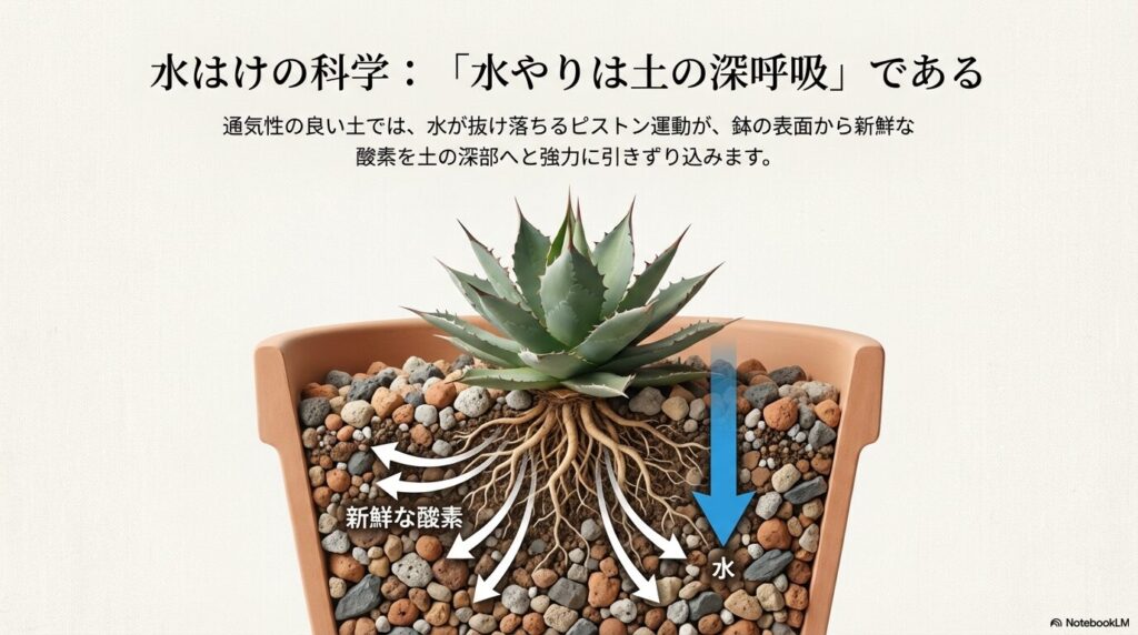 水やりによって新鮮な酸素が鉢の深部に引き込まれるメカニズム図