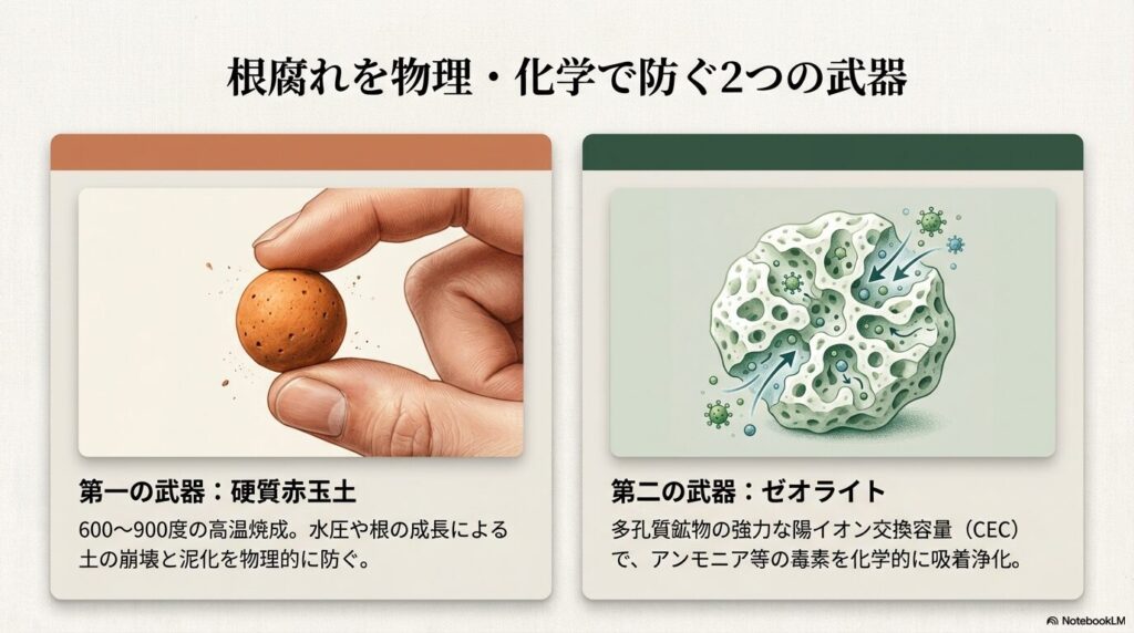 根腐れを防ぐ硬質赤玉土と多孔質ゼオライトの働き