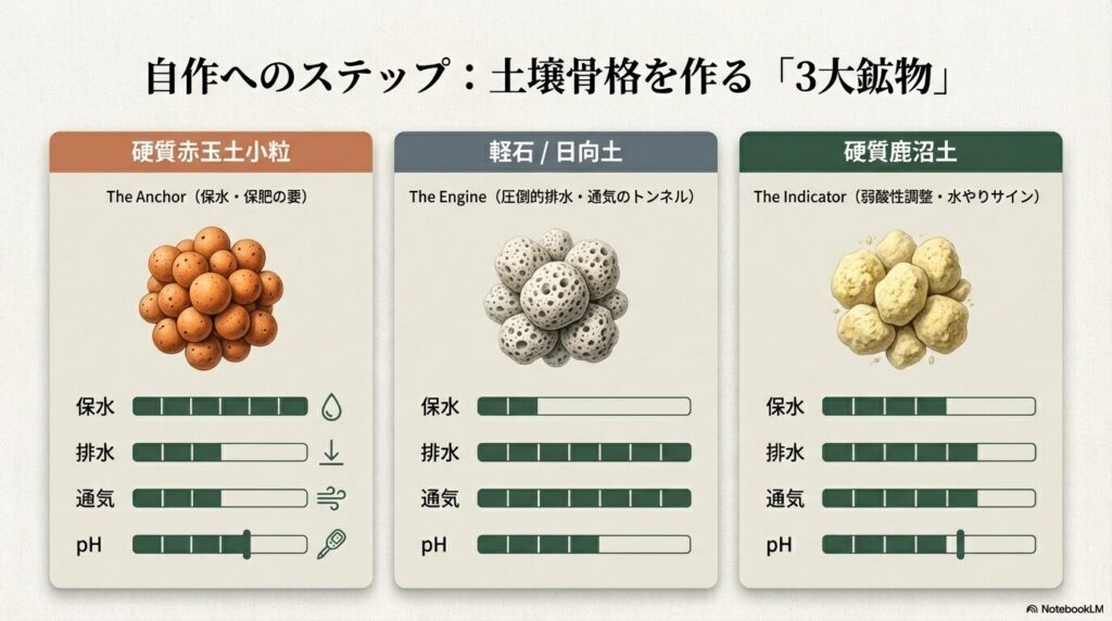 自作用土の骨格となる硬質赤玉土小粒、軽石・日向土、硬質鹿沼土の特性と役割