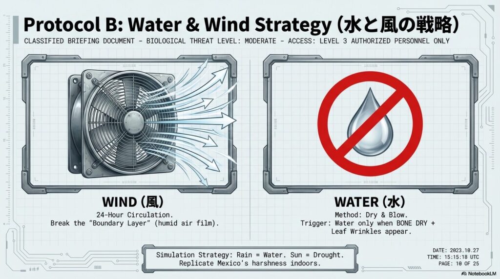 アガベの徒長を防ぐ24時間稼働のサーキュレーターと極限の乾燥ストレス管理