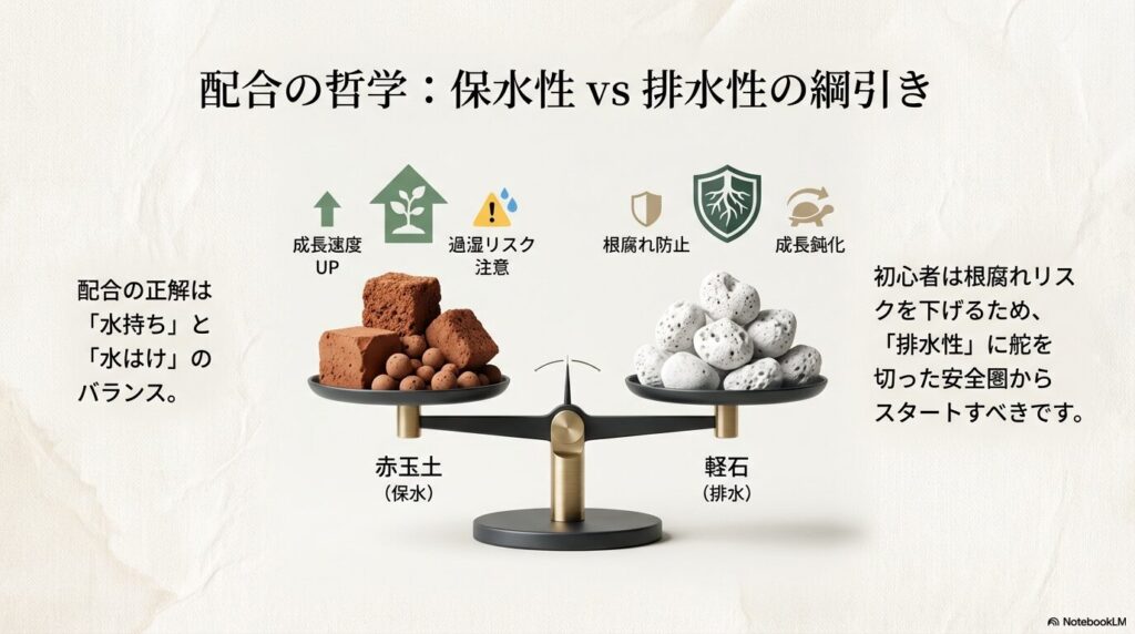 保水性（赤玉土）と排水性（軽石）のバランスを示す図解