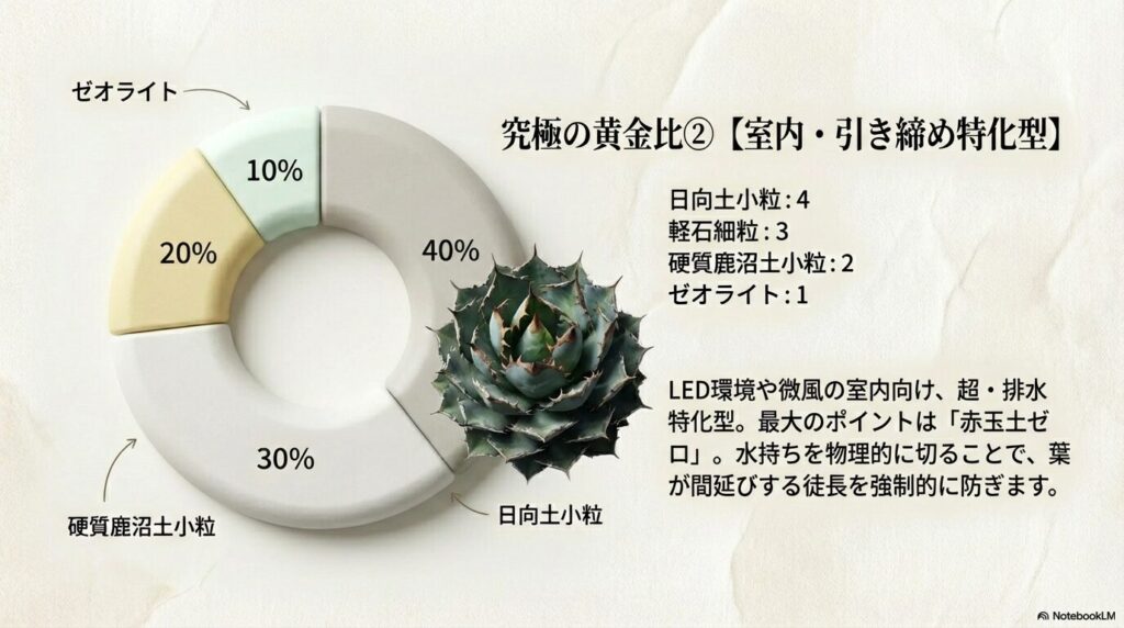 赤玉土ゼロで構成された室内・引き締め特化型ブレンドの黄金比グラフ