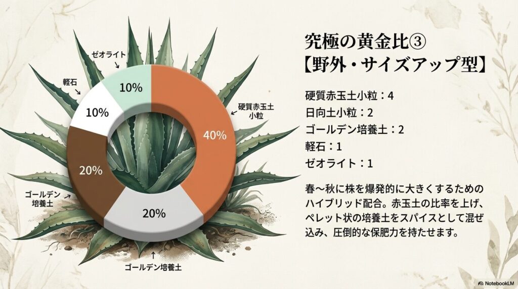 ゴールデン培養土を配合した野外・サイズアップ型ブレンドの黄金比グラフ