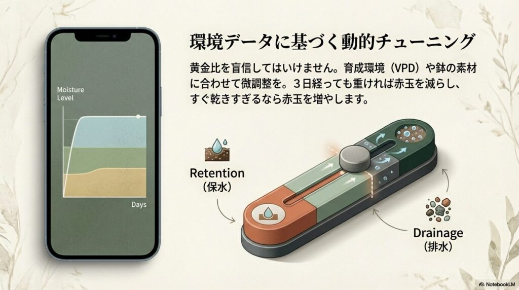 育成環境のデータに基づく土の保水・排水チューニンググラフ