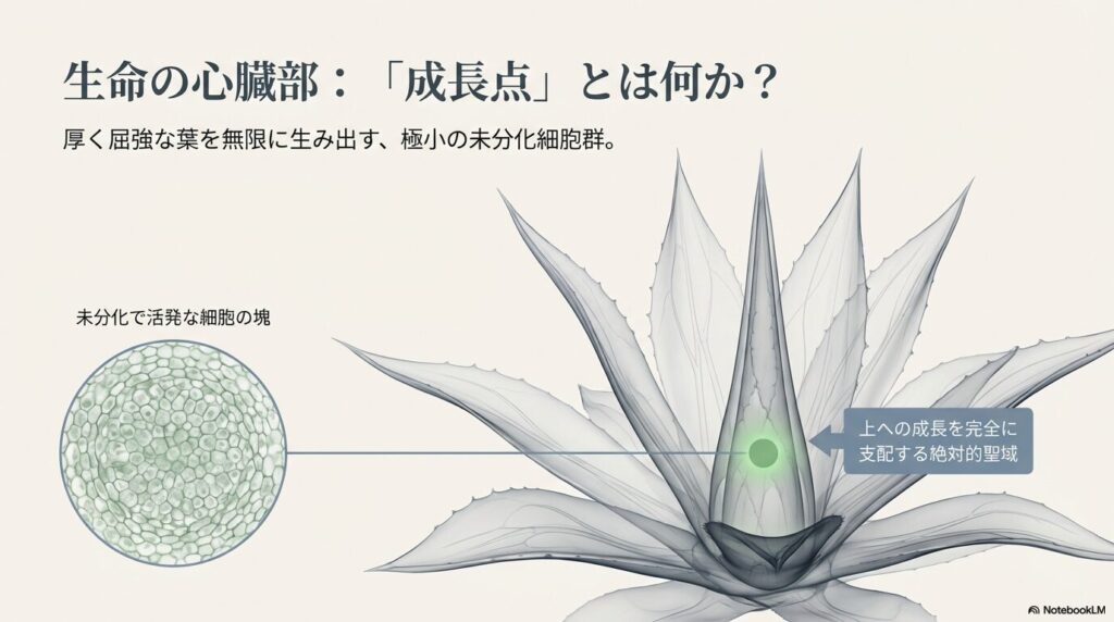 アガベの葉の中心部にある未分化細胞群である成長点の位置を示す図解