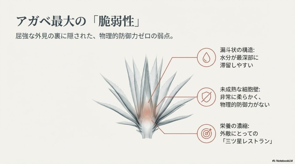 漏斗状の構造により水分が滞留しやすく物理的防御力がないアガベの脆弱性の解説図