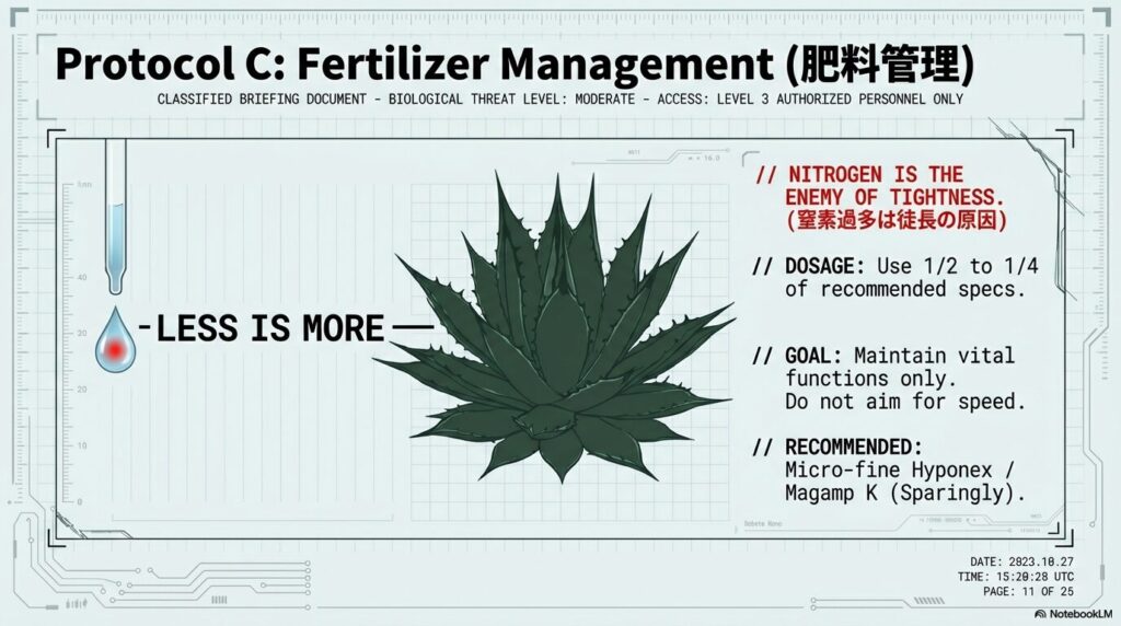 アガベ徒長を防ぐための肥料管理と窒素制限（微量投与）の戦略
