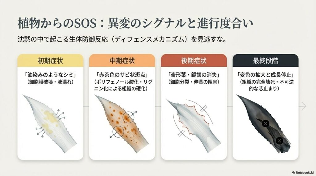 アガベの成長点における油染みから完全壊死に至るまでの異変のシグナル進行表