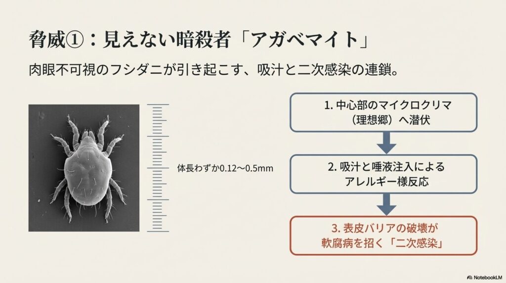 アガベの成長点に潜伏し吸汁による二次感染を引き起こす害虫アガベマイトの電子顕微鏡写真