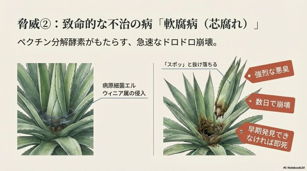軟腐病により中心部がドロドロに崩壊し葉がスポッと抜け落ちるアガベのイラスト