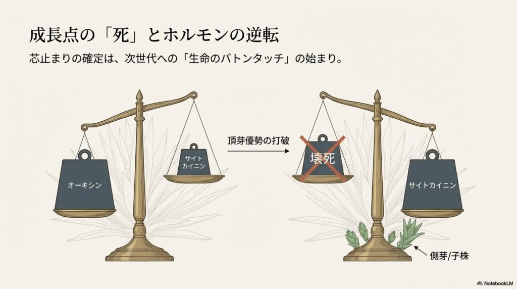 成長点の壊死によりオーキシンとサイトカイニンのホルモンバランスが逆転し側芽が萌芽する図解